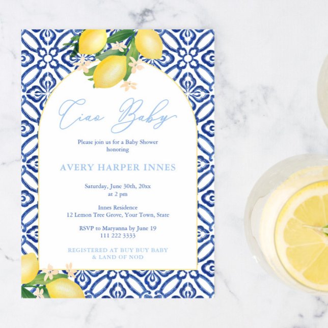 Invitation Ciao Baby Lemons Baby shower Party For Boy (Ciao baby boy! Amalfi inspired baby shower party invite with blue tile background lemons arch shape)