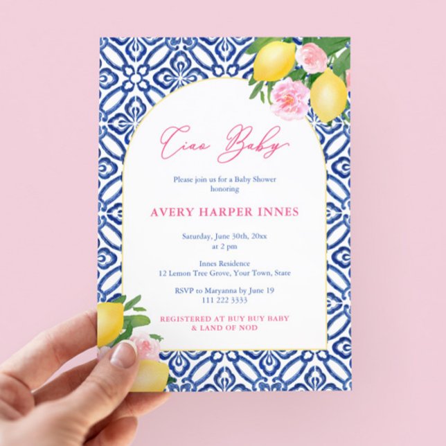 Invitation Ciao Baby Lemons Pink Cobalt Blue Girl Baby shower (Ciao baby! Italian inspired baby shower invite for girl with lemons, pink flowers and blue tiles)