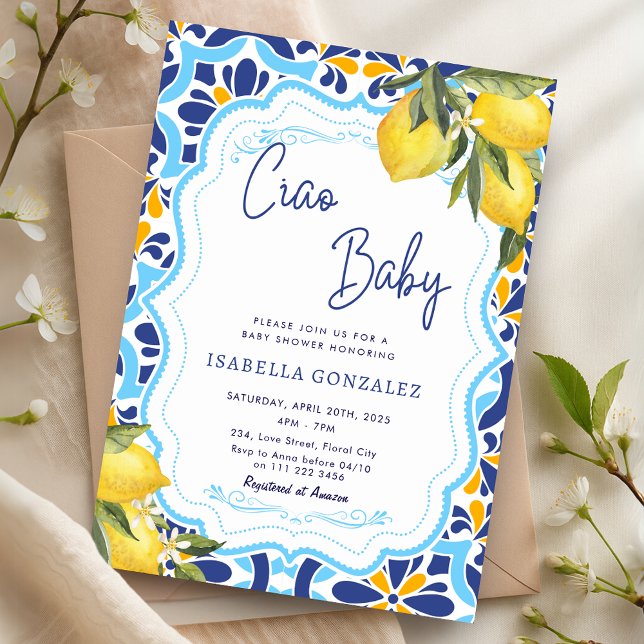 Invitation Ciao Baby Méditerranée Majolica Carreaux Douche (Ciao Baby Mediterranean Majolica Tiles Shower Invitation)