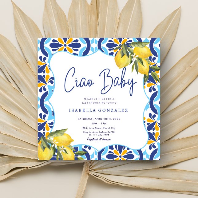 Invitation Ciao Baby Méditerranée Majolica Carrelage Citron D (Ciao Baby Mediterranean Majolica Tile Lemon Shower Invitation)