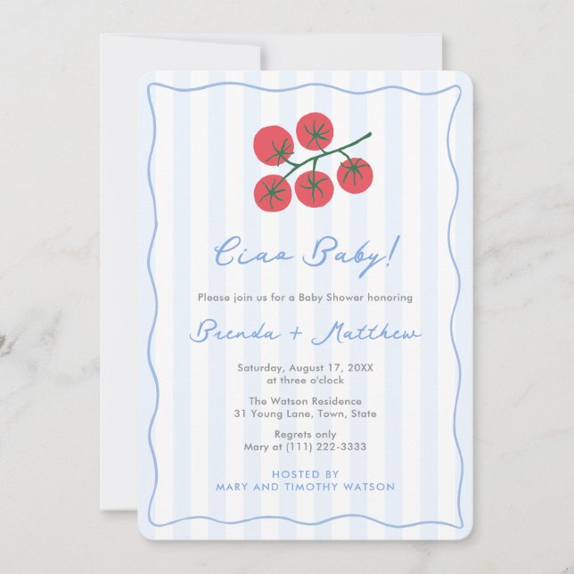 Invitation Ciao Baby Pomodoro Hand-Drawn Tomato Baby Shower (Devant)