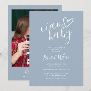 Invitation Ciao Baby shower Coeur Dusty bleu minimaliste phot