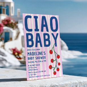 Invitation Ciao Baby Shower Italien Rétro Rayure Rose Bleu