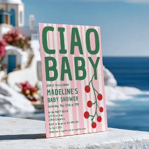 Invitation Ciao Baby Shower Italien Rétro Rayure Rose Vert