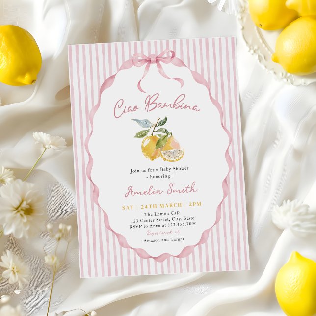 Invitation Ciao Bambina Fête de Naissance au Citron Rose (Créateur téléchargé)