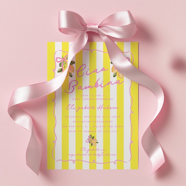 Invitation Ciao Bambina Rayure Jaune Citron Baby Shower (Ciao Bambina baby shower invite Lemon garden baby shower invite)