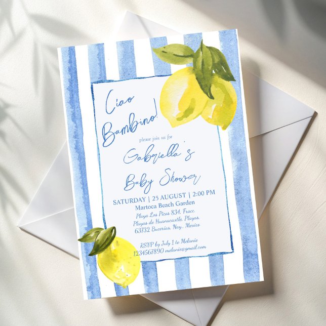 Invitation Ciao Bambino baby shower aux citrons rayés bleus (Ciao Bambino handrawn blue stripes lemons Italian baby shower Invitation cards template)