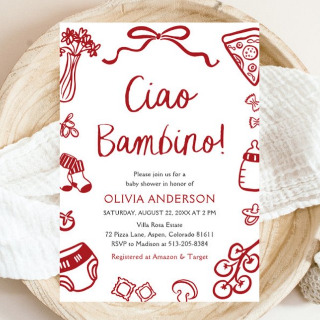 Invitation Ciao Bambino Baby shower de pizza italienne Whimsi (Watercolor Ciao Bambino Whimsical Italian Pizza Baby Shower Invitation)