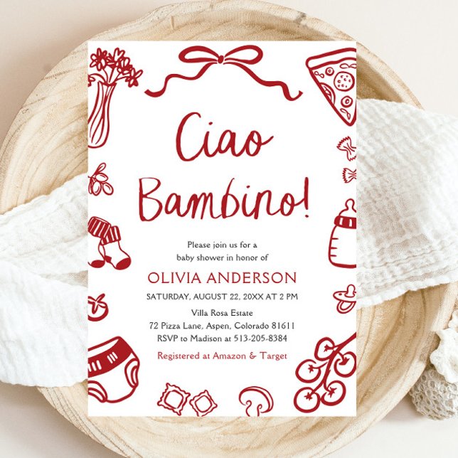 Invitation Ciao Bambino Baby shower de pizza italienne Whimsi (Watercolor Ciao Bambino Whimsical Italian Pizza Baby Shower Invitation)