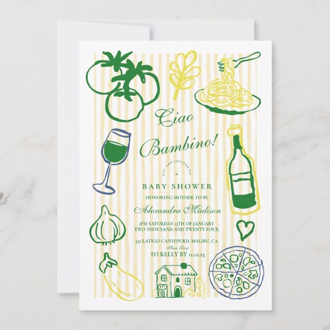 Invitation Ciao Bambino Baby shower en bande jaune (Devant)