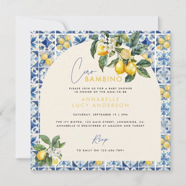 Invitation Ciao Bambino baby shower grec au citron (Devant)