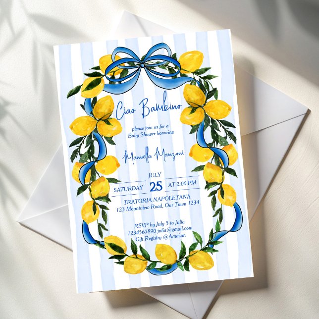 Invitation Ciao bambino citron bleu arc baby shower italien (Ciao bambino lemons blue bow stripped Italian baby shower Invitation cards template)