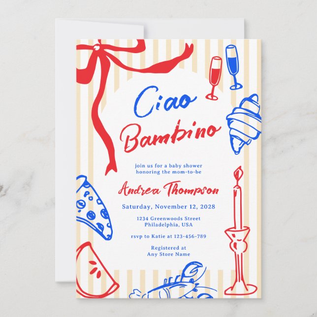 Invitation Ciao Bambino Italian Hand Drawn Baby Shower (Devant)