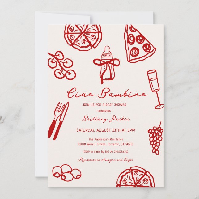 Invitation Ciao Bambino Italian Pizza Themed Baby Shower (Devant)
