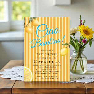 Invitation Ciao Bambino Rayure Jaune Fête Prénatale pour Bébé
