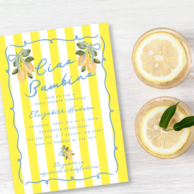 Invitation Ciao Bambino Yellow Stripe Blue Lemon Baby Shower (Ciao Bambino Yellow Stripe Blue Lemon Baby Shower Invitation)