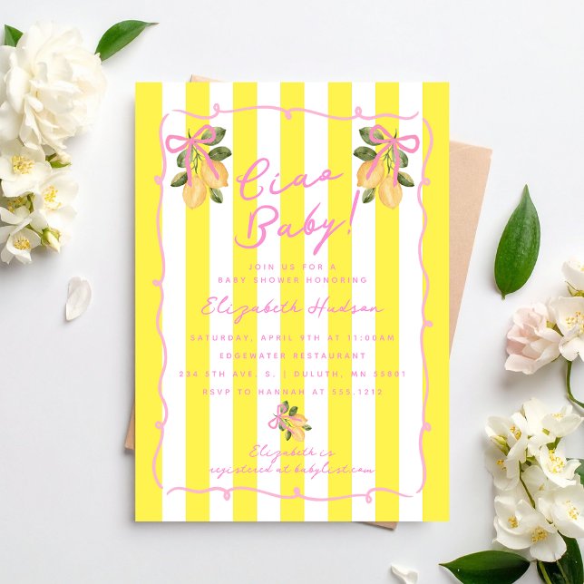 Invitation Ciao Bébé Rayure Jaune Citron Fête Prénatale Bébé (Ciao Baby Yellow Stripe Lemon Baby Shower Invitation)