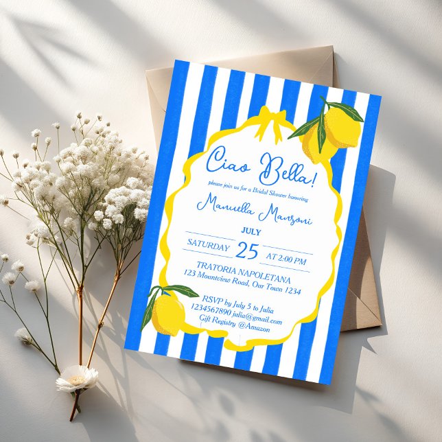Invitation Ciao bella bleu rayures citrons nuptiale (Ciao bella blue stripes wavy border lemons quirky Italian bridal shower invitation template)