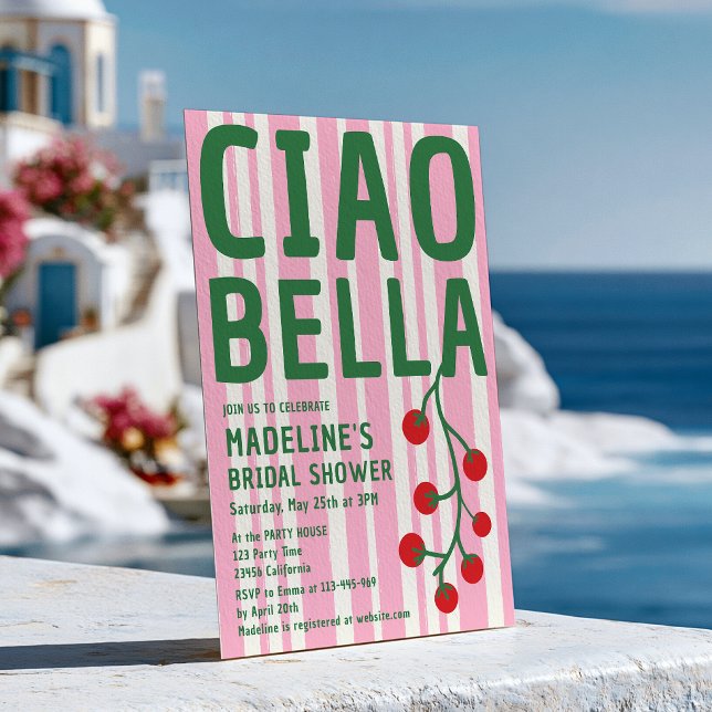 Invitation Ciao Bella Italien Rétro Rayure Rose Enterrement d (Ciao Bella Italian Retro Stripe Pink Bridal Shower Invitation)