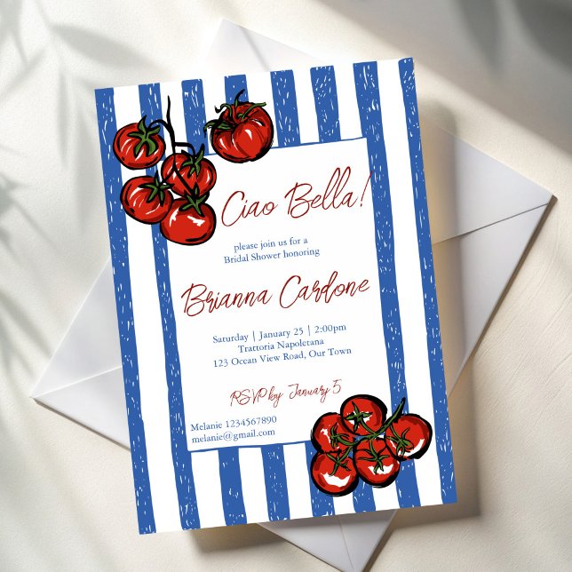 Invitation Ciao bella tomate bleu douche de mariage italienne (Ciao bella tomato blue stripes Italian bridal shower Invitation cards template retro farmers market)