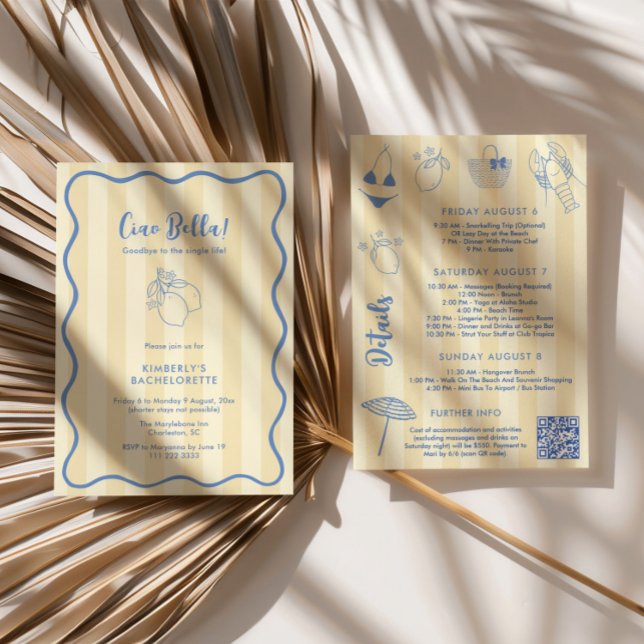Invitation Ciao Bella Week-end de l'enterrement de vie de jeu (Ciao Bella Yellow Stripes Blue hand-drawn doodles lemons amalfi bachelorette weekend invitation)