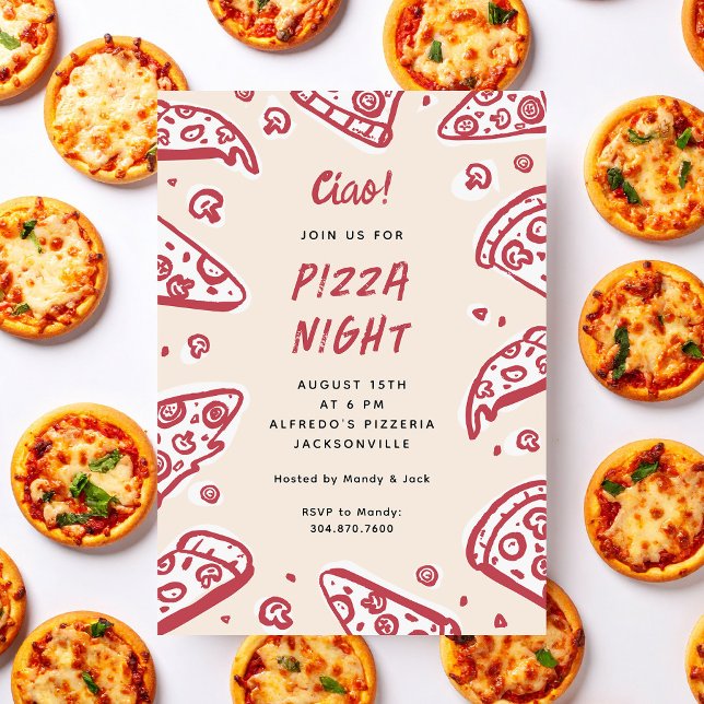 Invitation Ciao Red Main Dessinée Soirée Pizza (hand-drawn pizza night party invitation)
