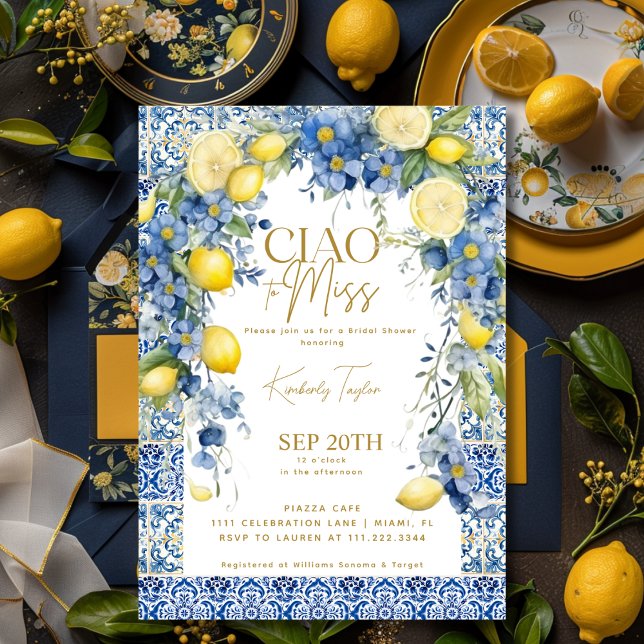 Invitation Ciao To Miss Italie Citron Carreaux Bleus Fête des (Ciao To Miss Italy Lemon Blue Tiles Bridal Shower Invitation)