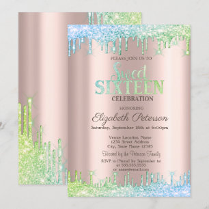 Invitation Cic Ombre Paillettes Gouttes Rose Doré Sweet 16