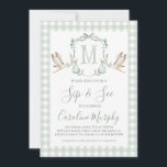Invitation Cicogne Vert Sauge Sip & See Préparatoire Gingham<br><div class="desc">Invitation Douce Bébé Cicogne Sip & See Peut être utilisée pour tout type d'événement de Baby Shower ! Utilisez cette invitation élégante de Baby Shower à carreaux aquarelle pour les événements de fête à la maison, et plus encore ! Besoin d'un titre différent ? Vérifiez cette collection pour le même...</div>