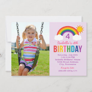 Invitation Ciel Arc-en-Ciel Violet Filles Photo Anniversaire 