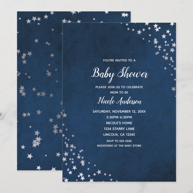 Invitation Ciel Bébé Fait Douce Nuit Étoiles Argent Et Bleu (Devant / Derrière)