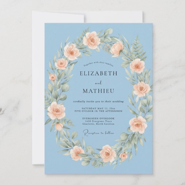 Invitation Ciel Bleu Céleste Botanique Mariage (Devant)