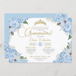 Invitation Ciel bleu clair Rose Floral Or Tiara Quinceanera