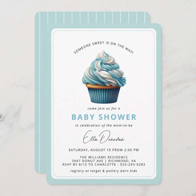 Invitation Ciel bleu Cupcake | Dessert Theme Boy Baby shower (Devant / Derrière)