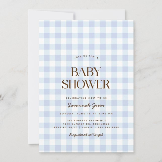 Invitation Ciel bleu En vichy | Baby shower de pique-nique (Devant)