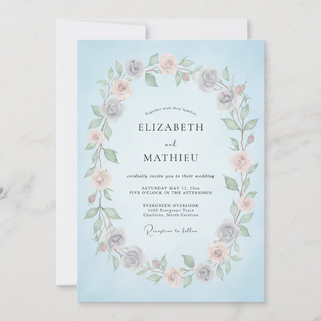 Invitation Ciel Bleu Fleur Romance Mariage (Devant)