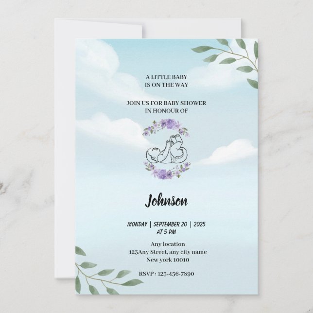 Invitation Ciel bleu foncé nuages blancs baby shower moderne (Devant)