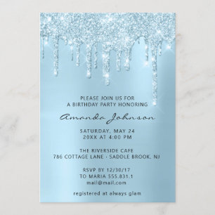 Invitation Ciel Bleu Gris Argent Effet Paillettes Anniversair