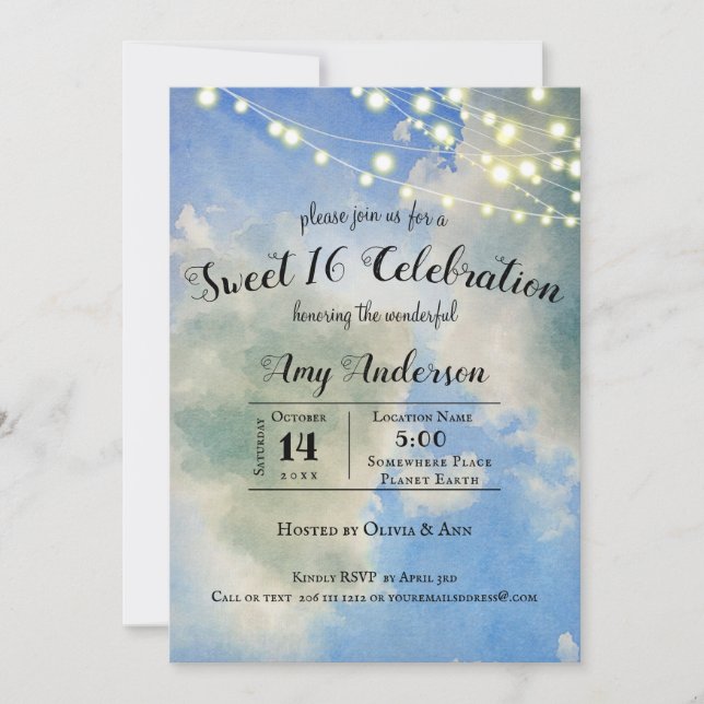 Invitation Ciel Bleu & Nuages Blancs | 16 ans Anniversaire (Devant)