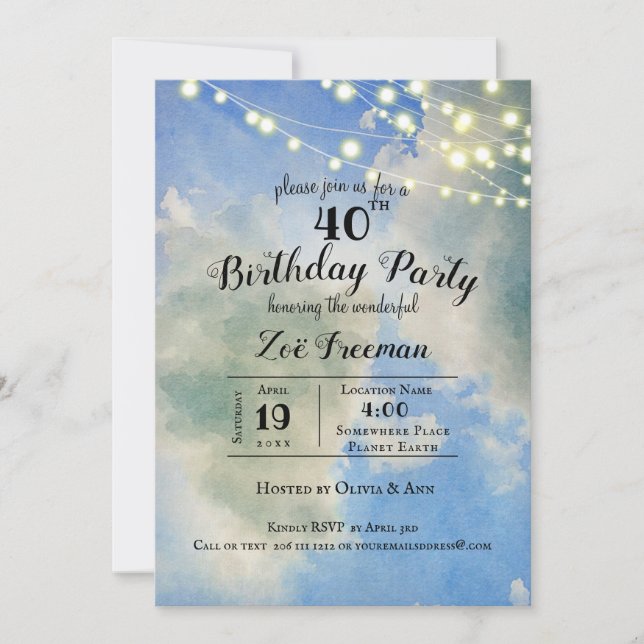 Invitation Ciel Bleu & Nuages Blancs | 40e Anniversaire Bleu (Devant)