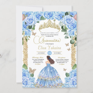 Invitation Ciel bleu Rose Floral Gold Butterfly Quinceanera