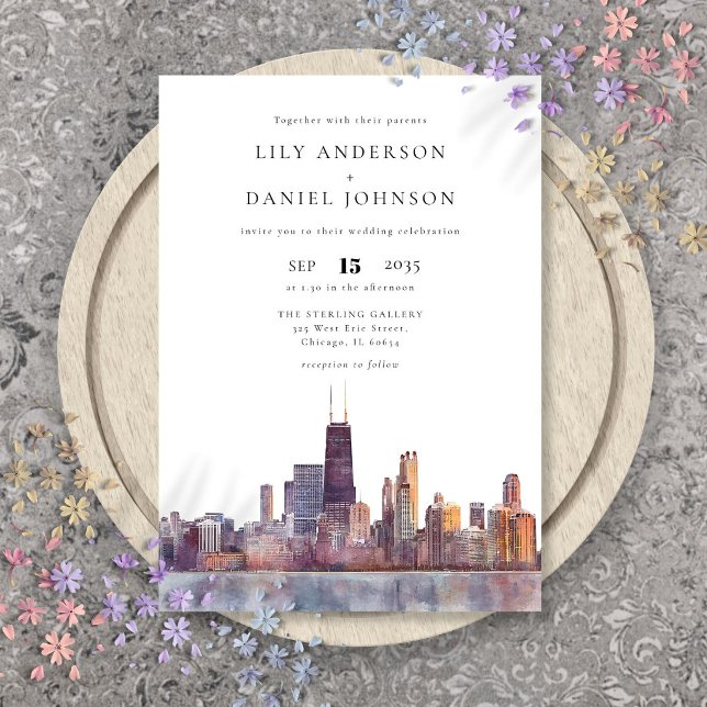 Invitation Ciel de Chicago Aquarelle Élégant Mariage (Chicago Skyline Watercolor Elegant Wedding Invitation)