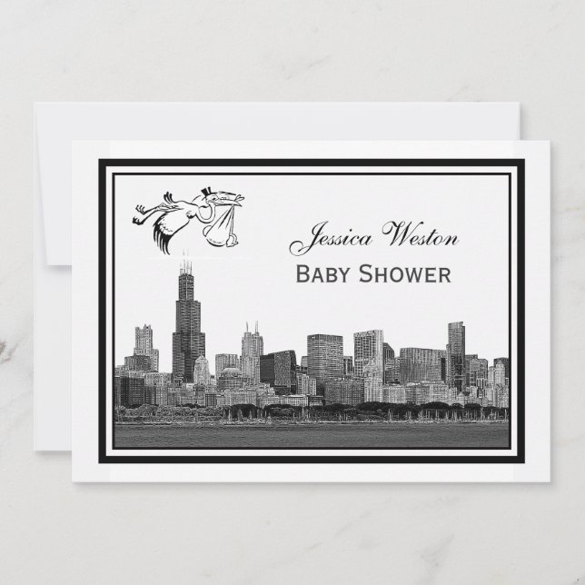 Invitation Ciel de Chicago encadré #2H Baby Shower Cigogne2 (Devant)