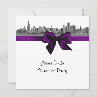 Invitation Ciel de Chicago Gravé BW Violet Sweet Sixteen SQ