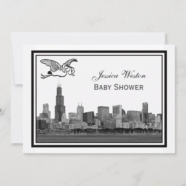 Invitation Ciel de Chicago Gravé Cadre #2H Naissance Stork (Devant)