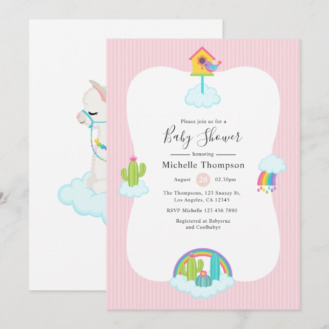 Invitation Ciel de Lama Mignon Baby Shower (Devant / Derrière)