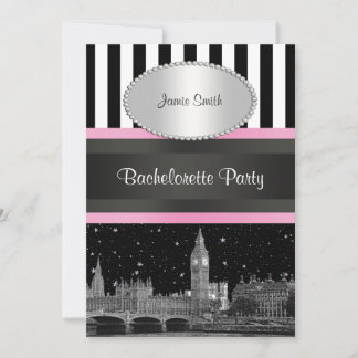 Invitation Ciel de Londres BW Blk Wht Strp Rose Bachelorette