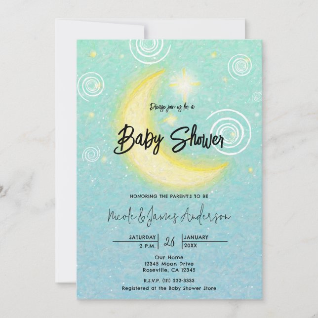 Invitation Ciel de Lune Étoilé Sarcelle Baby Shower (Devant)