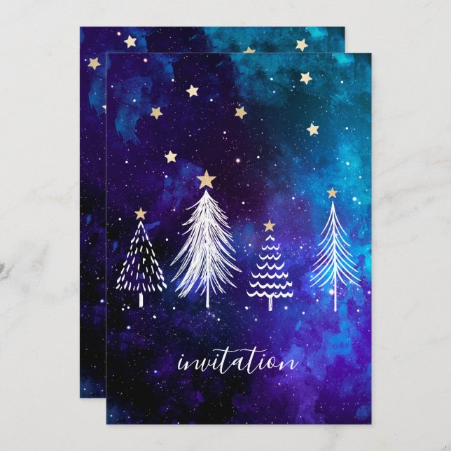 Invitation Ciel de Noël, Bleu, Blanc, Étoiles, Fête (Devant / Derrière)