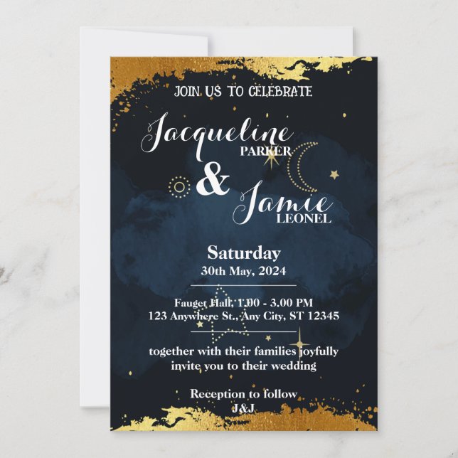 Invitation Ciel de nuit bleu et or Mariage illustratif (Devant)